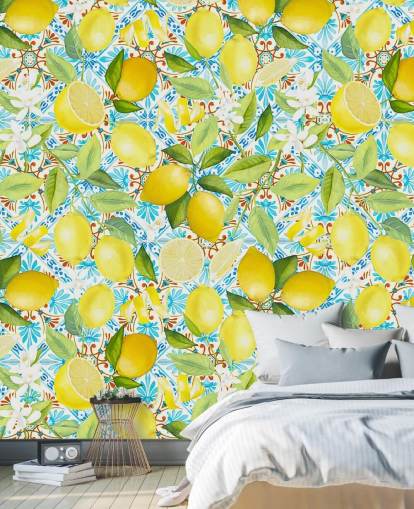 fondo de pantalla de limones sobre fondo de azulejos azules