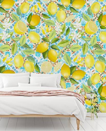 fondo de pantalla de limones sobre fondo de azulejos azules