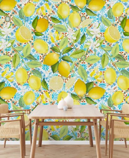 fond d'écran de citrons sur fond de carreaux bleus