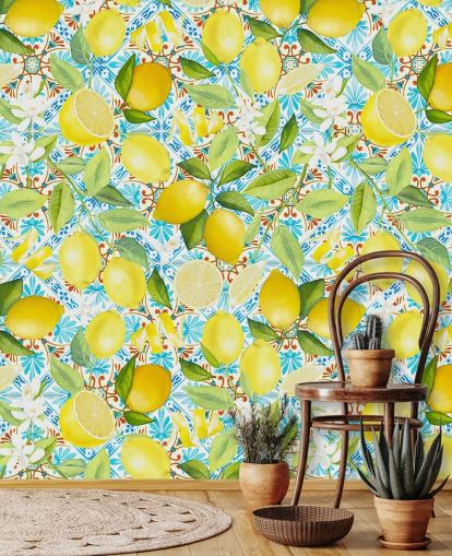 limoni su sfondo di piastrelle blu