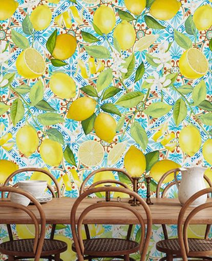 fondo de pantalla de limones sobre fondo de azulejos azules