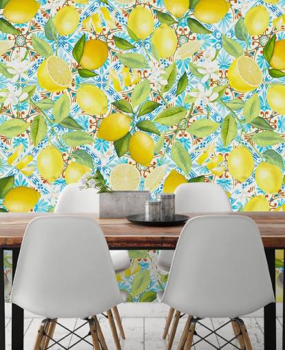 lemons on blue tile background wallpaper