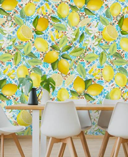 lemons on blue tile background wallpaper