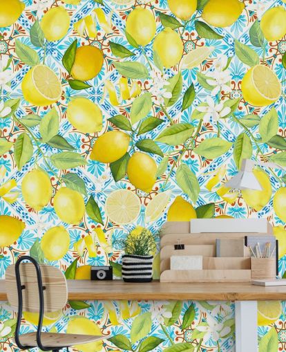 lemons on blue tile background wallpaper