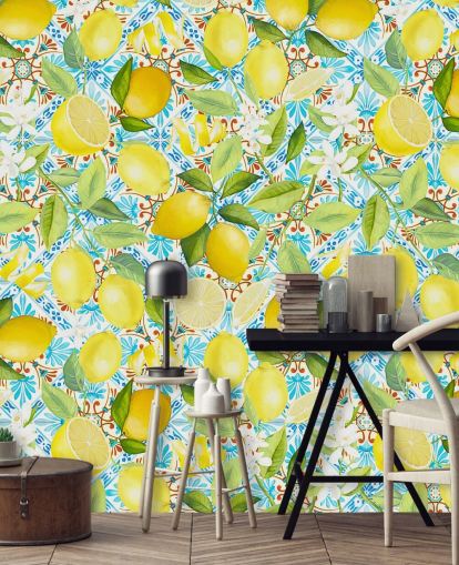 lemons on blue tile background wallpaper