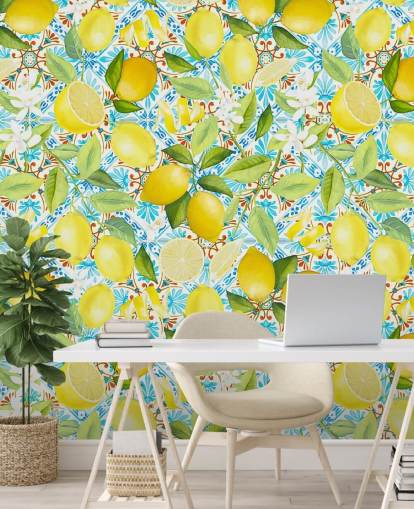 lemons on blue tile background wallpaper lemons on blue tile background wallpaper