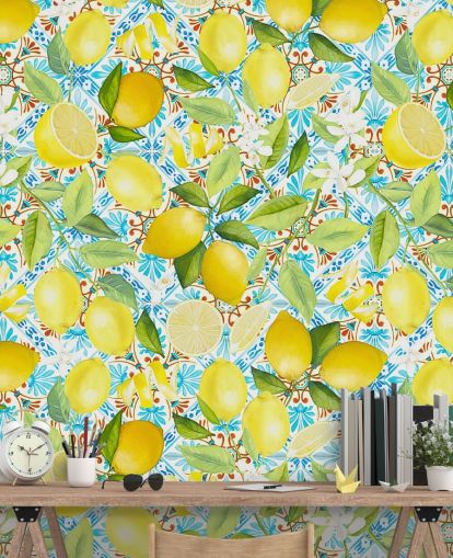 fond d'écran de citrons sur fond de carreaux bleus