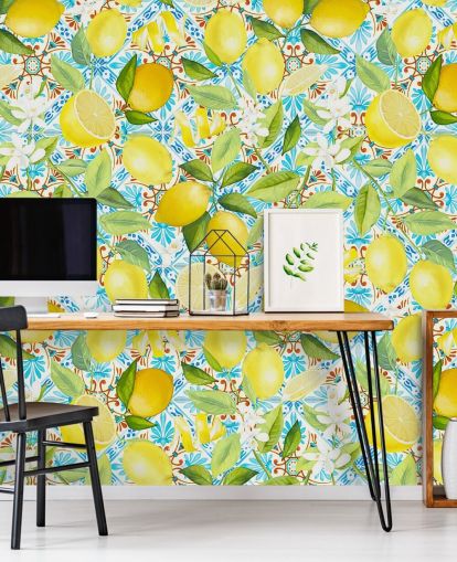 lemons on blue tile background wallpaper lemons on blue tile background wallpaper