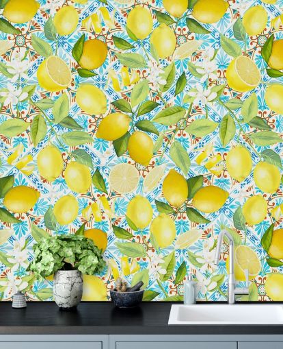 lemons on blue tile background wallpaper
