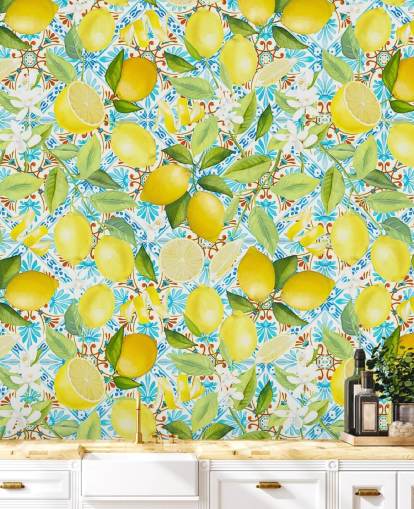 lemons on blue tile background wallpaper