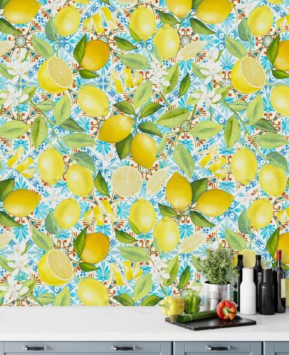 limões em papel de parede de fundo de azulejo azul