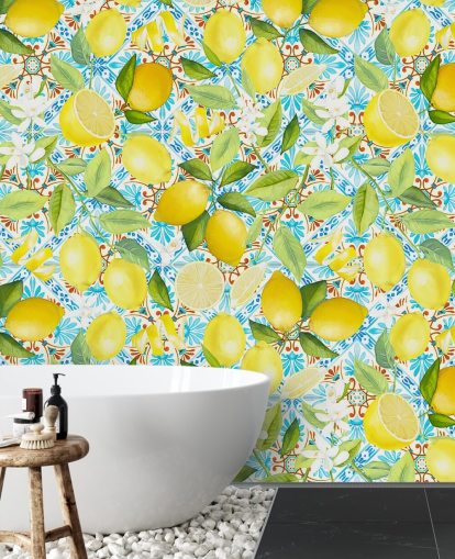 lemons on blue tile background wallpaper lemons on blue tile background wallpaper