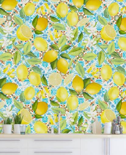 lemons on blue tile background wallpaper
