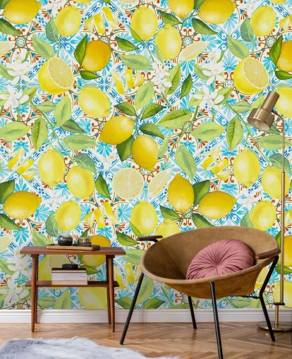 fondo de pantalla de limones sobre fondo de azulejos azules