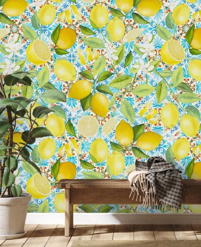 fond d'écran de citrons sur fond de carreaux bleus