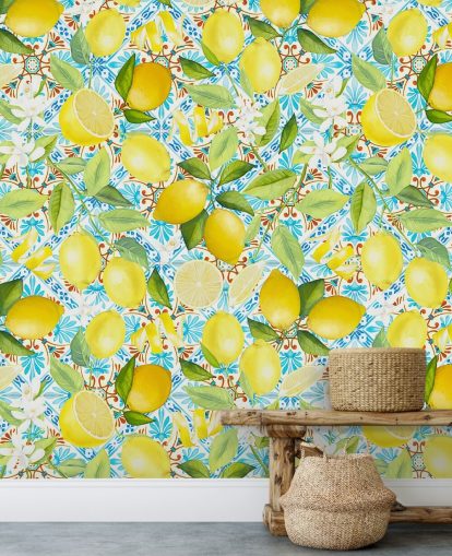 lemons on blue tile background wallpaper