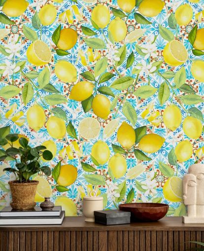 limões em papel de parede de fundo de azulejo azul limões em papel de parede de fundo de azulejo azul