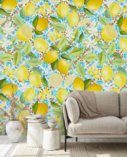 fondo de pantalla de limones sobre fondo de azulejos azules