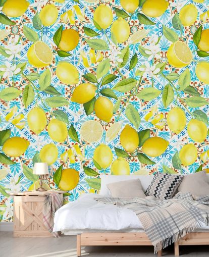 lemons on blue tile background wallpaper