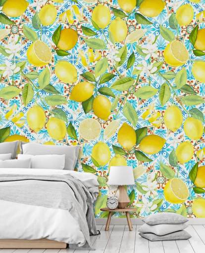 lemons on blue tile background wallpaper lemons on blue tile background wallpaper