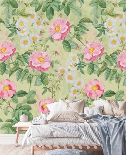 rosa blommor och blad tapeter