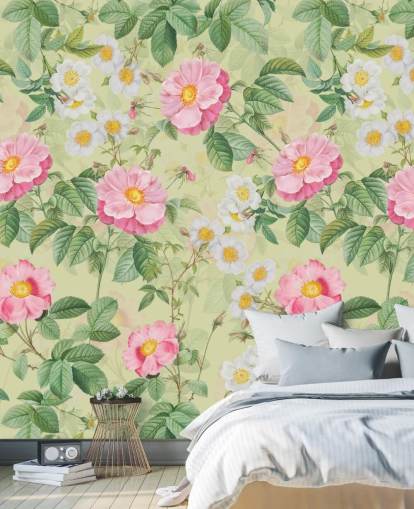 fleurs roses et feuilles papier peint