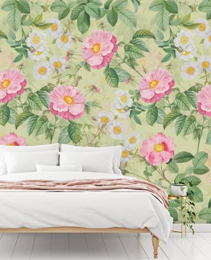 rosa Blumen und Blätter Papiertapete