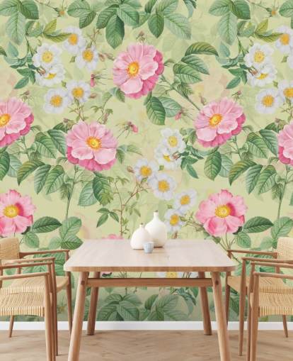 fleurs roses et feuilles papier peint