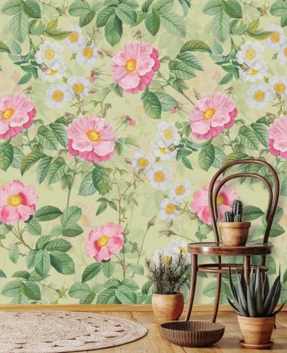 rosa Blumen und Blätter Papiertapete