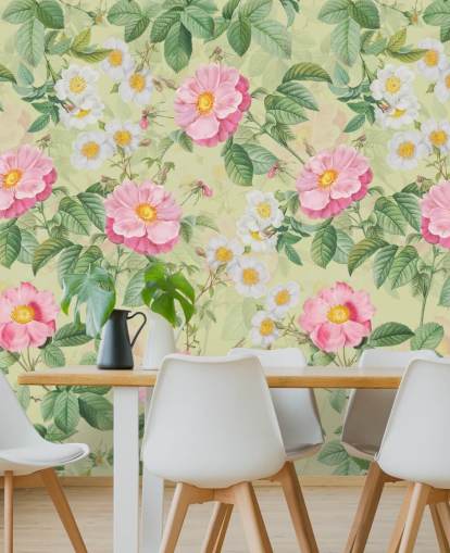 fleurs roses et feuilles papier peint