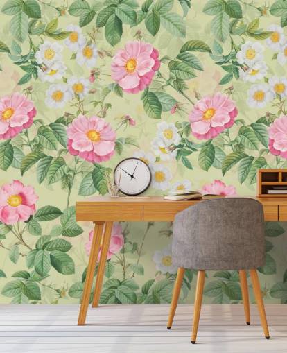 rosa blomster og blader tapet