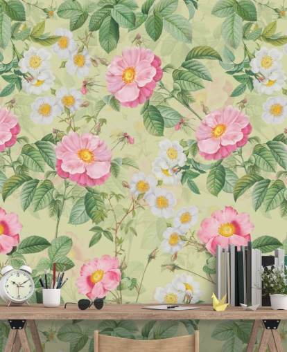 papel pintado flores y hojas rosas