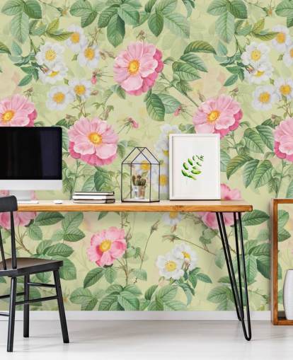 papel de parede de flores e folhas rosa