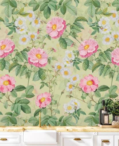roze bloemen en bladeren behang