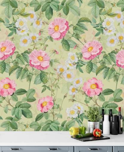 roze bloemen en bladeren behang roze bloemen en bladeren behang