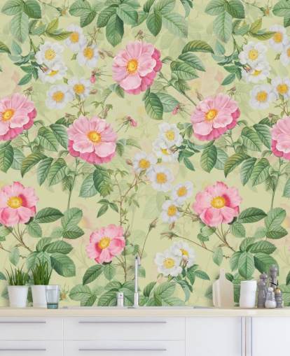 fleurs roses et feuilles papier peint