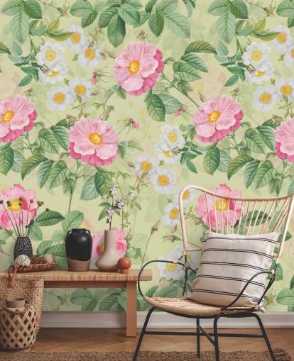papel pintado flores y hojas rosas