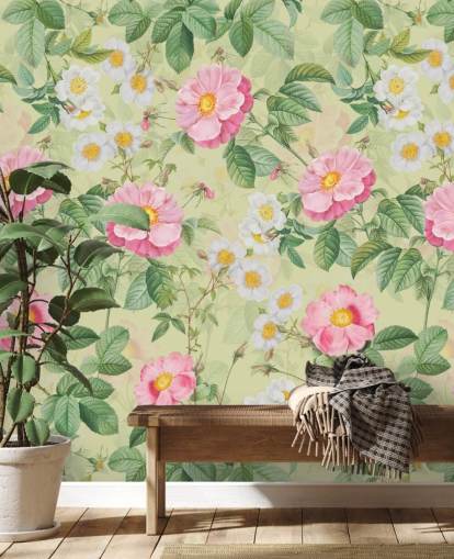 rosa blommor och blad tapeter