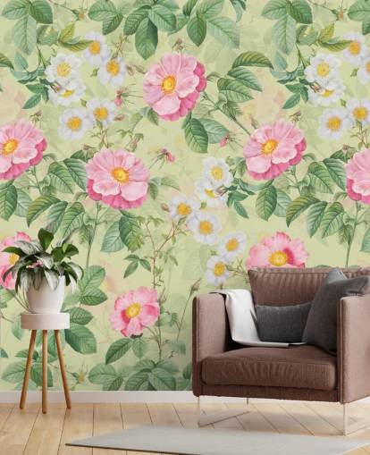 papel pintado flores y hojas rosas