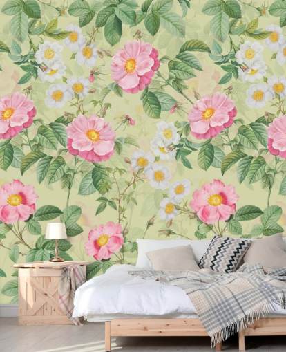 fleurs roses et feuilles papier peint