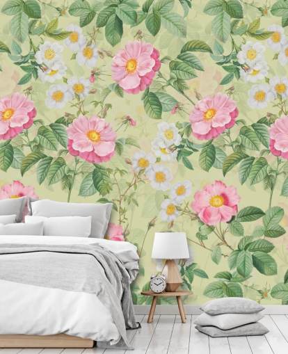 papel pintado flores y hojas rosas