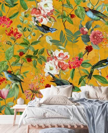 papel de parede floral amarelo mostarda