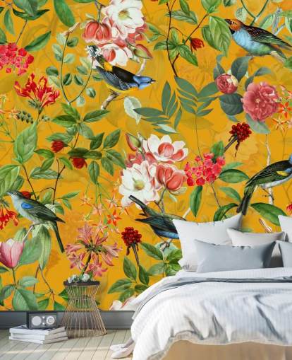 papel pintado floral amarillo mostaza