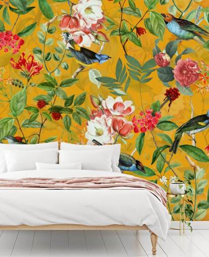 papel pintado floral amarillo mostaza