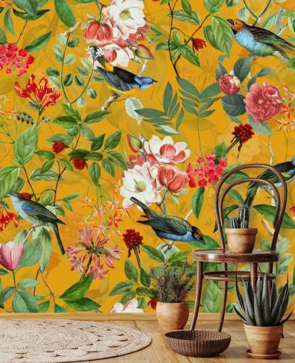 papier peint à fleurs jaune moutarde