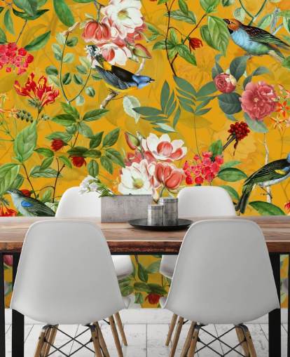 papel de parede floral amarelo mostarda