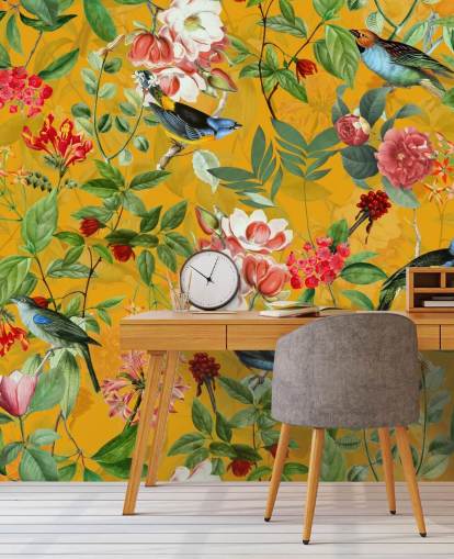 sennep gul floral tapet