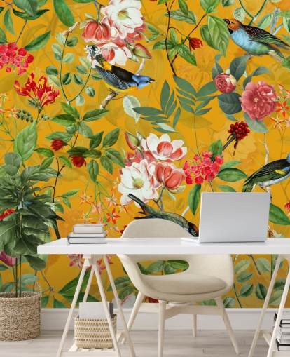 papel pintado floral amarillo mostaza