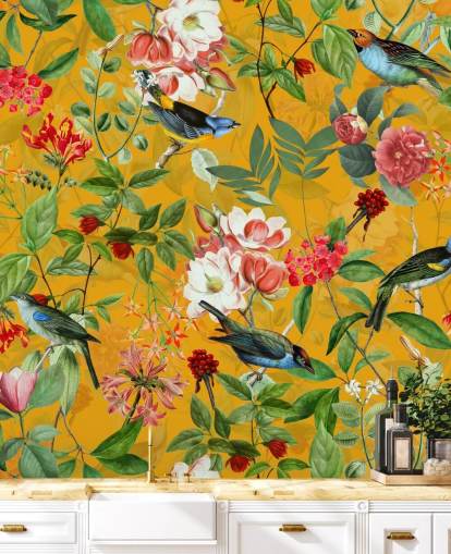 papel de parede floral amarelo mostarda papel de parede floral amarelo mostarda