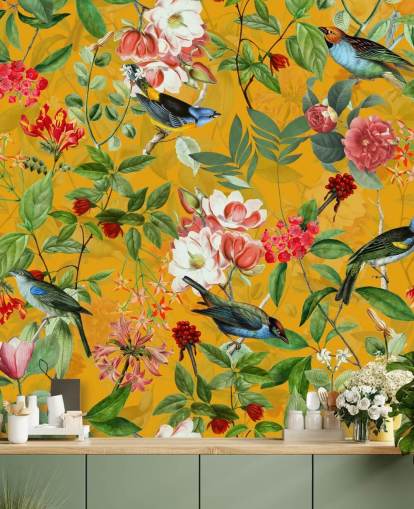 papel de parede floral amarelo mostarda